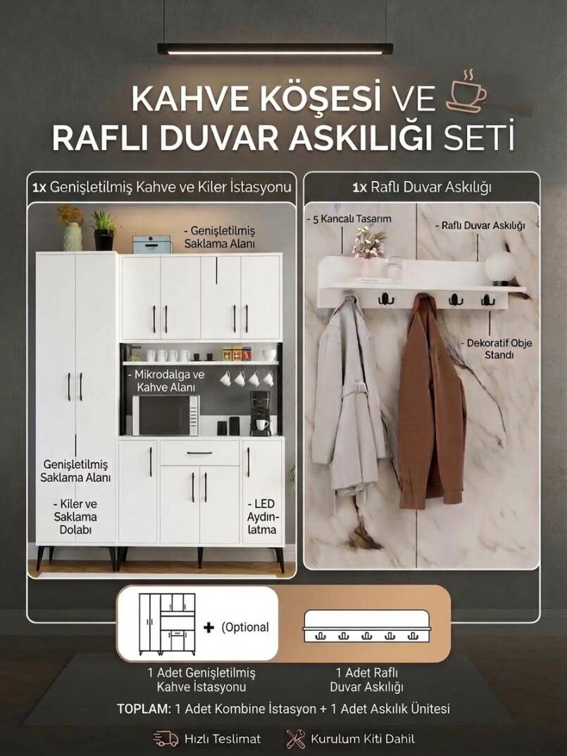 Kuzey Life Kahve Köşesi ve Raflı Duvar Askılığı Seti - 2