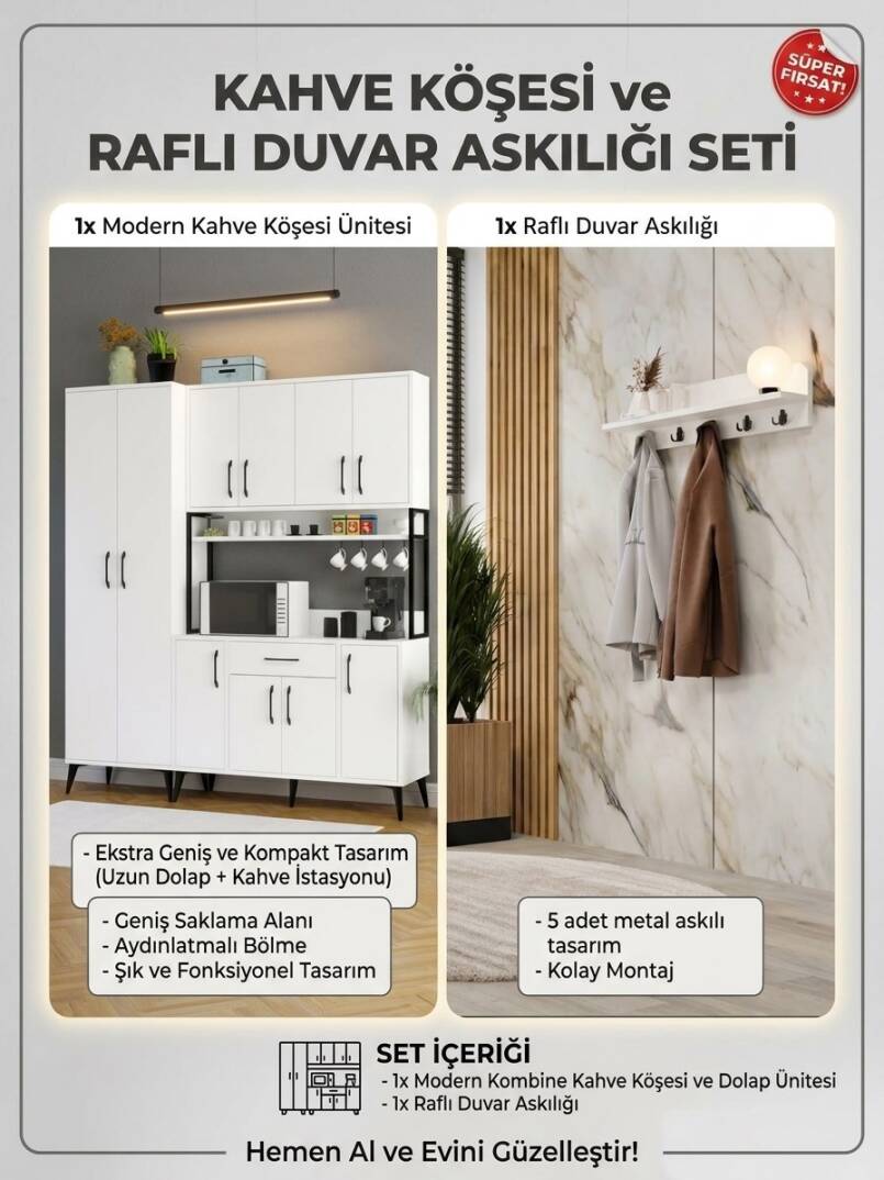 Kuzey Life Kahve Köşesi ve Raflı Duvar Askılığı Seti - 3