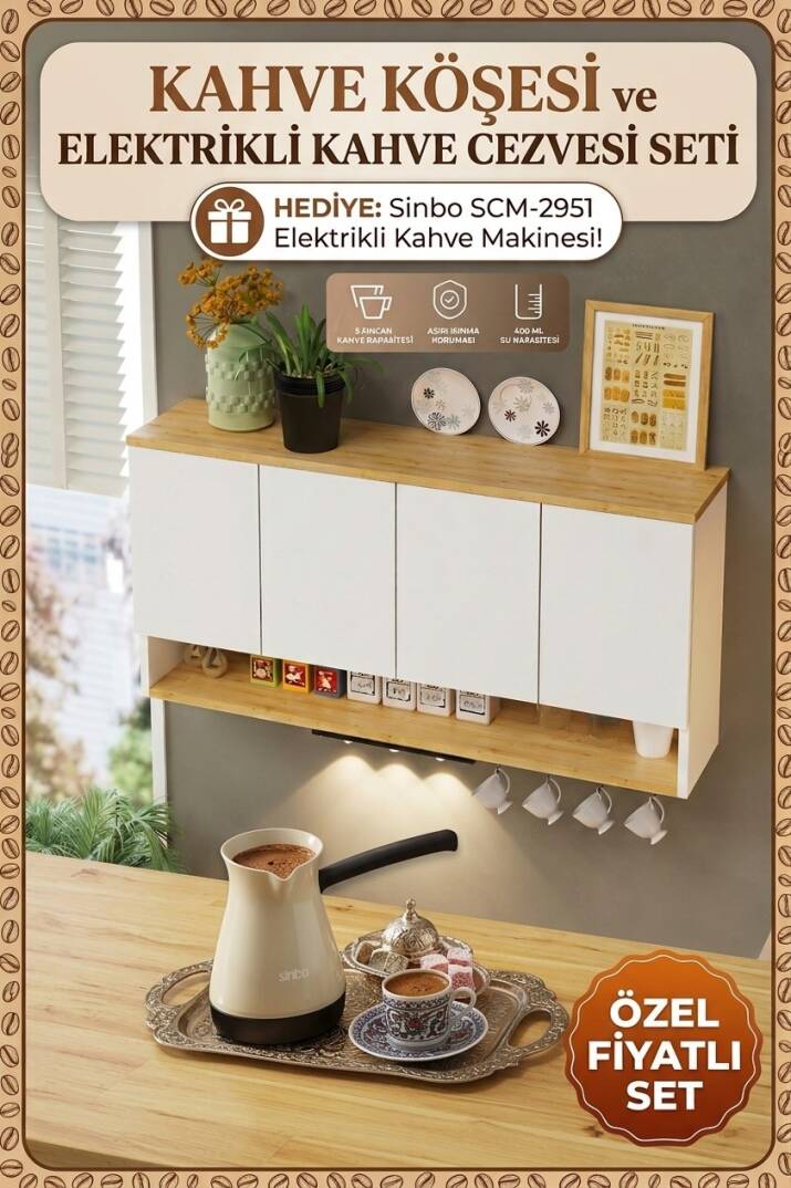 Kuzeylife Alvora Kahve Köşesi Dolabı Elektrikli Cezve Hediyeli - 1
