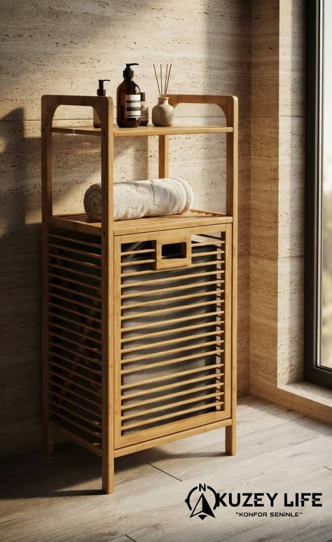 Kuzeylife Bambu Kirli Sepetli 2 Raflı Çok Amaçlı Banyo Düzenleyici - 1