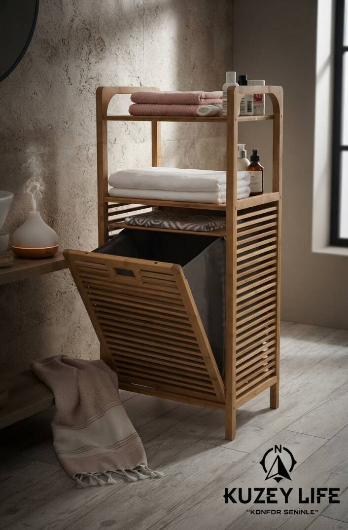 Kuzeylife Bambu Kirli Sepetli 2 Raflı Çok Amaçlı Banyo Düzenleyici - 2