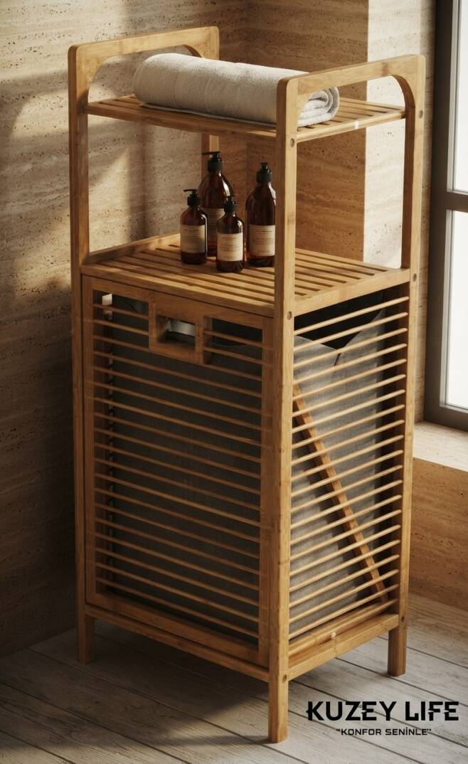 Kuzeylife Bambu Kirli Sepetli 2 Raflı Çok Amaçlı Banyo Düzenleyici - 4