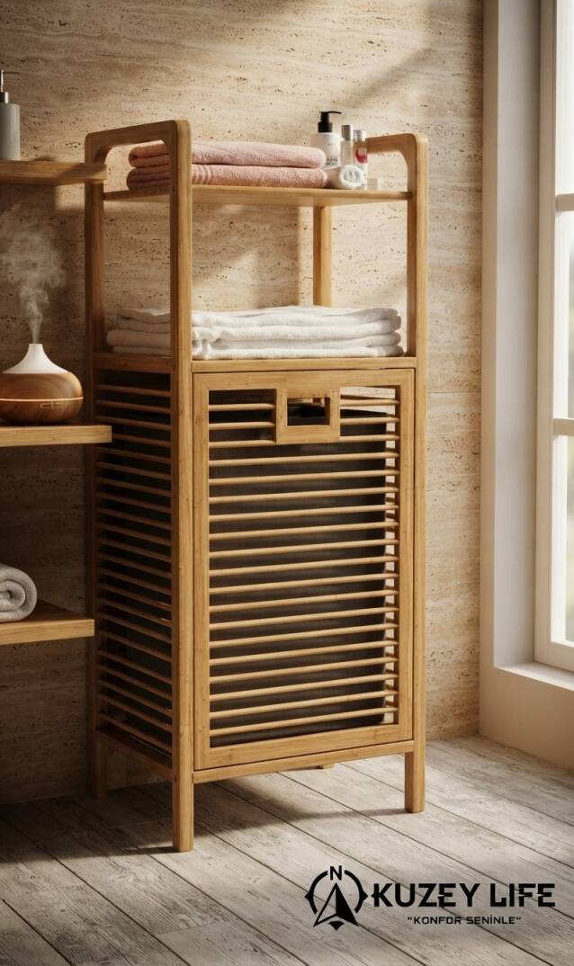 Kuzeylife Bambu Kirli Sepetli 2 Raflı Çok Amaçlı Banyo Düzenleyici - 6