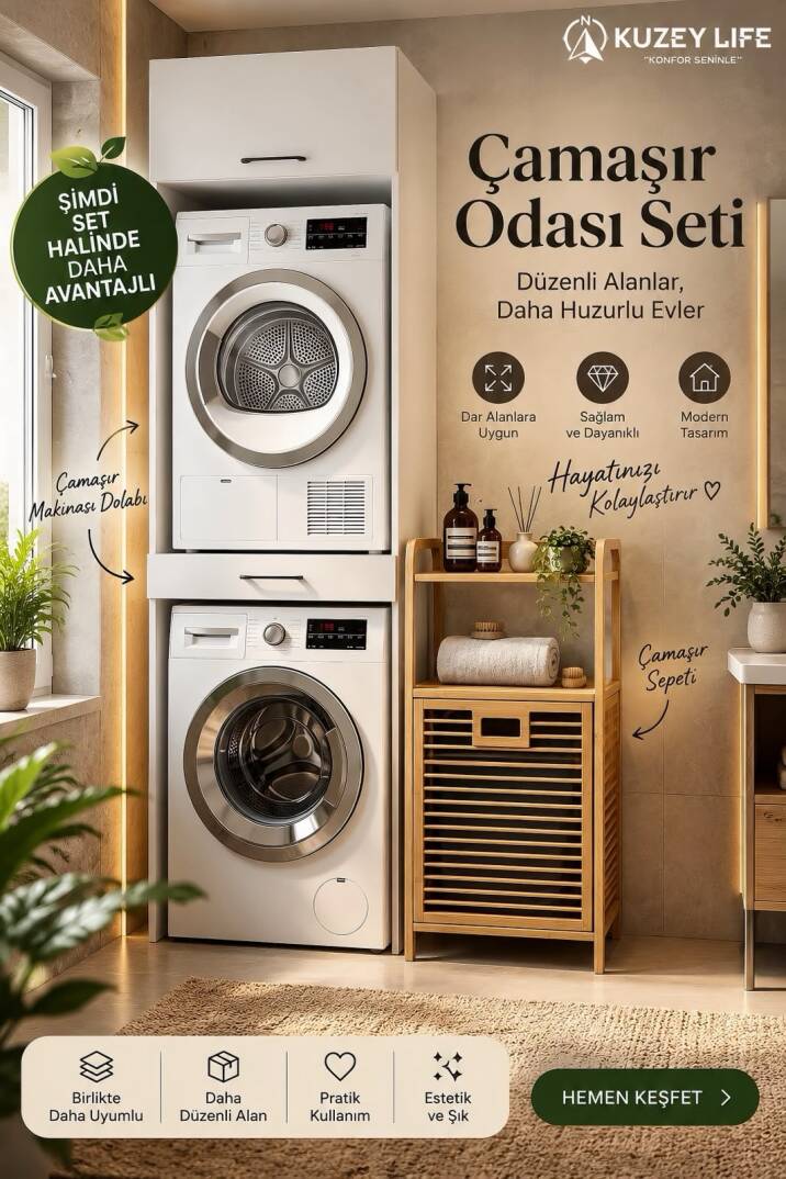 Kuzeylife Çamaşır Kurutma Makinesi Dolabı ve Bambu Kirli Sepetli Banyo Düzenleyici 2'li Set - 1