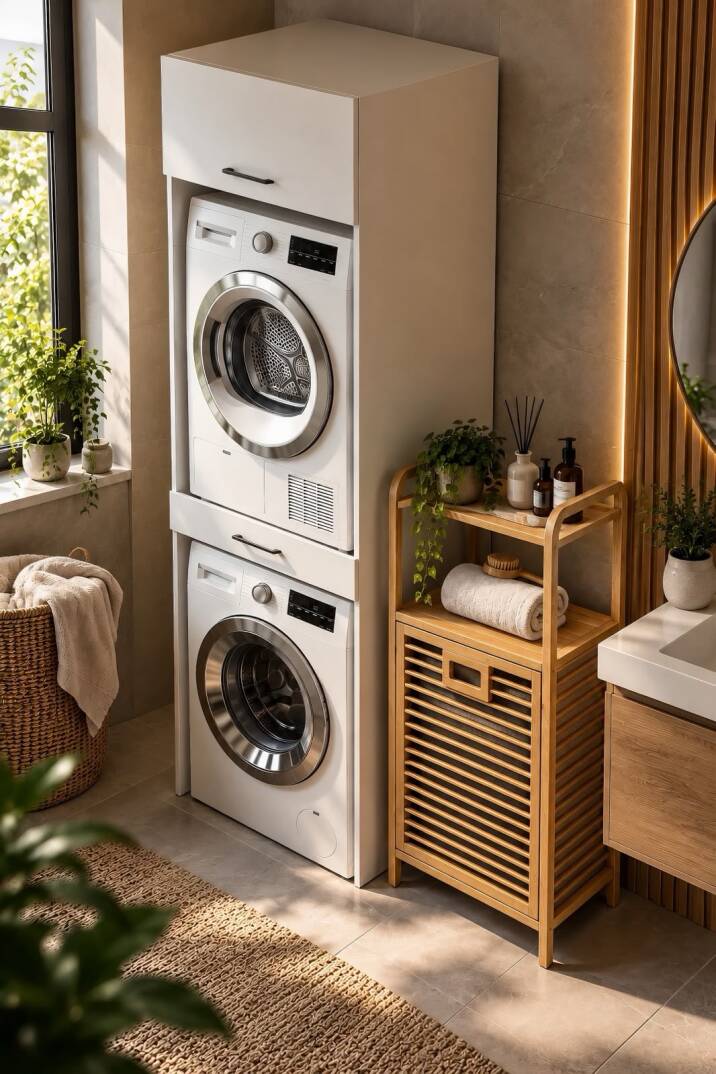 Kuzeylife Çamaşır Kurutma Makinesi Dolabı ve Bambu Kirli Sepetli Banyo Düzenleyici 2'li Set - 2