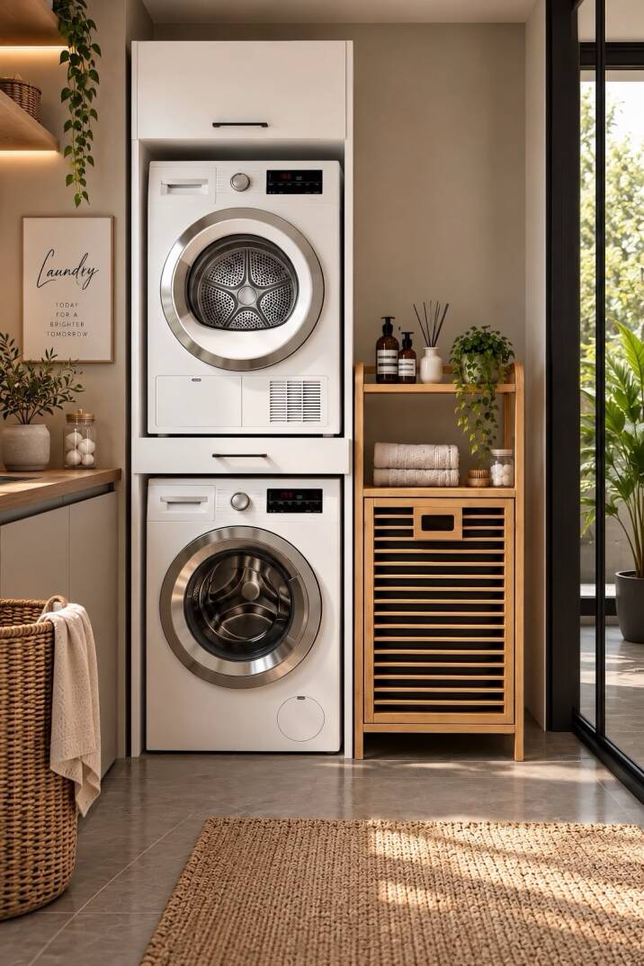 Kuzeylife Çamaşır Kurutma Makinesi Dolabı ve Bambu Kirli Sepetli Banyo Düzenleyici 2'li Set - 5