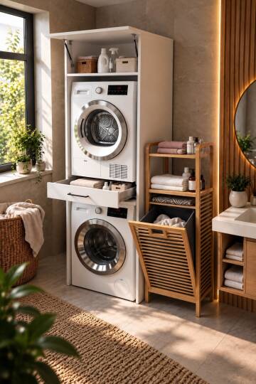 Kuzeylife Çamaşır Kurutma Makinesi Dolabı ve Bambu Kirli Sepetli Banyo Düzenleyici 2'li Set - 6
