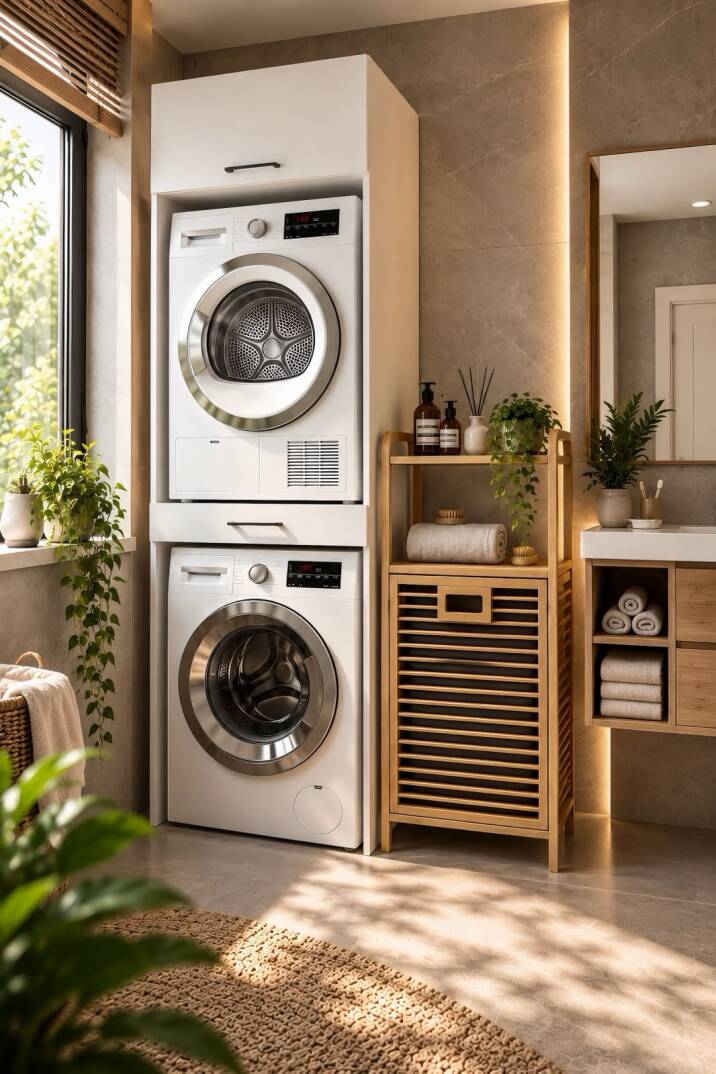 Kuzeylife Çamaşır Kurutma Makinesi Dolabı ve Bambu Kirli Sepetli Banyo Düzenleyici 2'li Set - 7