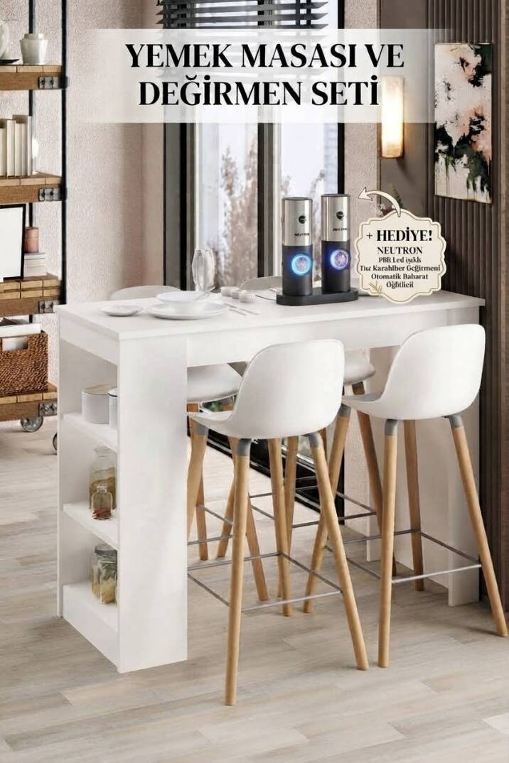 Shelfy Bar Beyaz Yemek Masası Baharat Öğütücü Hediyeli - 1
