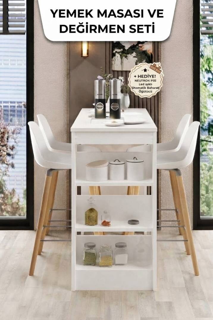 Shelfy Bar Beyaz Yemek Masası Baharat Öğütücü Hediyeli - 2