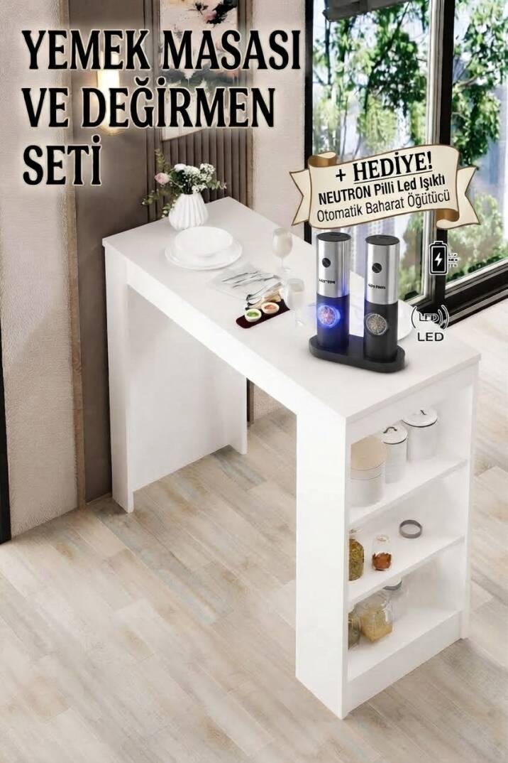 Shelfy Bar Beyaz Yemek Masası Baharat Öğütücü Hediyeli - 3