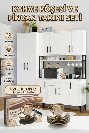 Spezia Kahve Köşesi Dolabı – 12 Parça Porselen Fincan Takımı Hediyeli