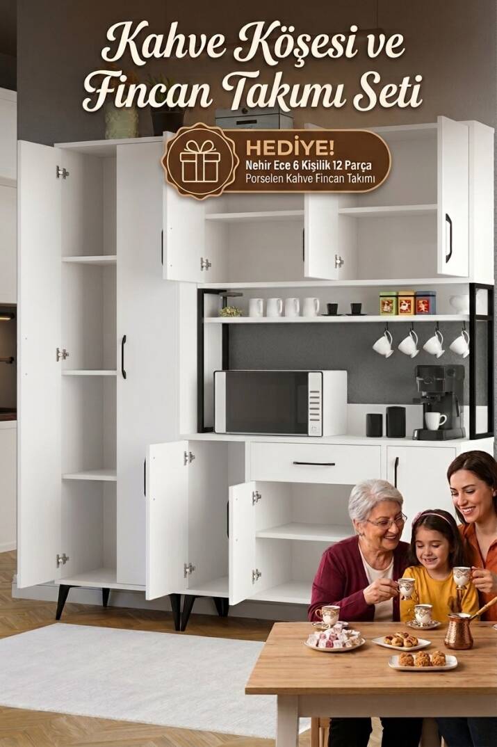 Spezia Kahve Köşesi Dolabı – 12 Parça Porselen Fincan Takımı Hediyeli - 2