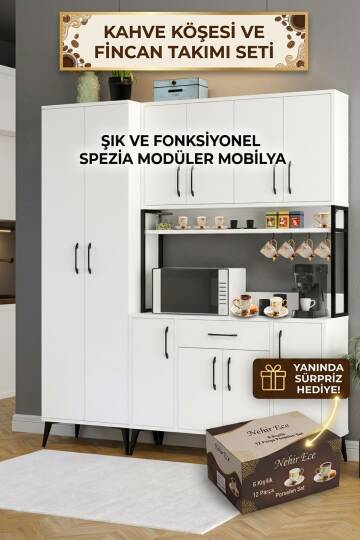 Spezia Kahve Köşesi Dolabı – 12 Parça Porselen Fincan Takımı Hediyeli - 3