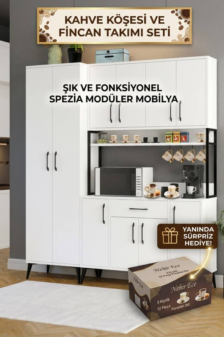 Spezia Kahve Köşesi Dolabı – 12 Parça Porselen Fincan Takımı Hediyeli - 3