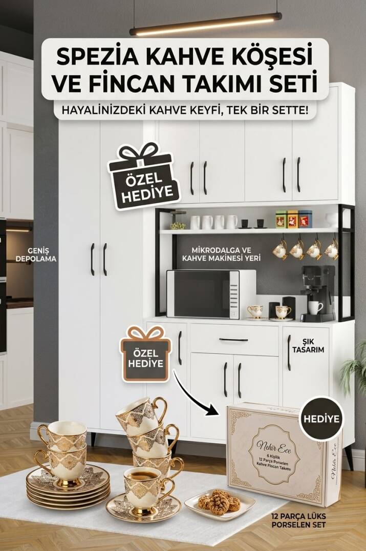 Spezia Kahve Köşesi Dolabı – 12 Parça Porselen Fincan Takımı Hediyeli - 4